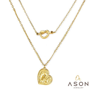 ASON Multi-Layer Pandents Necklace Gold Color Stainless Steel Mom And Son Hollow Out Heart Shape Necklace For Women Patty