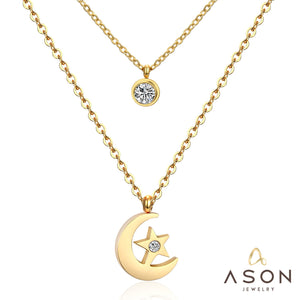 ASON Luna y estrella colgante collares de acero inoxidable Color dorado collar de cadena doble joyería llamativa regalo de fiesta al por mayor 