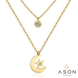 ASON Moon Star Pendant Necklaces Stainless Steel Gold Color Double Chain Necklace Statement Jewelry Wholesale Party Gift