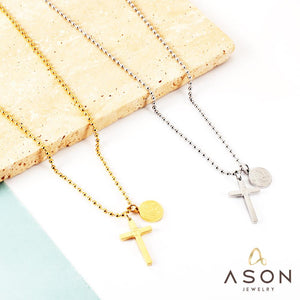 ASON Classic Cross Round Accessories Charm Beads Chain Pendant Necklace Gold Color Stainless Steel For Women Men Chokers