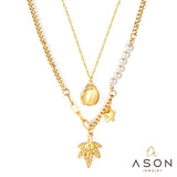 ASON Leaves Ladybug Imitation Pearl Multi-layer Chains Pendant Necklaces Gold Color Stainless Steel for Women Jewelry