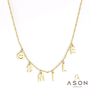 ASON Collier-collar con colgante de acero inoxidable para mujer, con cara sonriente y letras, Color dorado, cadena larga de 45cm + 5cm, amigo, 2022 