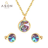 ASON Round  Wedding Shell Carbon Fiber Jewelry Sets Pendant Necklace & Small Stud Earrings 316L Stainless Steel for Women