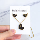 ASON Heart White/Black Shell Pendant Necklace Stud Earring Jewelry Sets Stainless Steel Gold Color Party Accessories Gift