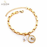 ASON Gold Color Stainless Steel 18+3cm Round Ring Spaceman And Pearl Jewelry Accessory Bracelets For Women Streetwear Daily