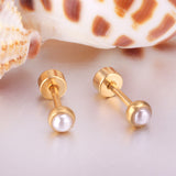 ASON Piercing Earrings Stainless Steel Gold Color Imitation Pearl Screw Stud Earrings Women Size 4mm/6mm/8mm/10mm Jewelry