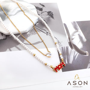 ASON – collier en perles blanches avec lettres maman, en forme de cœur, zircone cubique, chaînes multicouches, couleur or, en acier inoxydable pour femmes