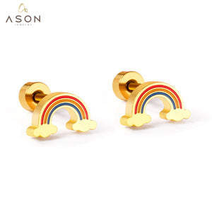 ASON Cute Children's Rainbow Small Piercing Stud Earrings Stainless Steel Gold Color for Girl Women Fashion Jewelry Gift