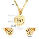 ASON Romantic Flower Shape Pendants Chain Necklace Piercing Stud Earrings Jewelry Sets Stainless Steel Gold Color For Women