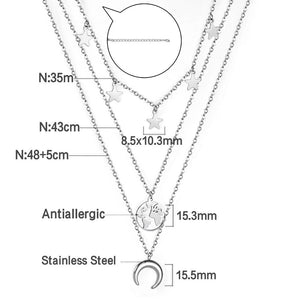 ASON Moon and Star Pendant Multi-layer Necklace 316L Stainless Steel Fashion Chains for Women Party Gift Jewelry Accessory