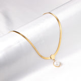 ASON Gold Color Flat Snake Chain Round Imitation Pearl Pendant Necklace Stainless Steel Choker for Women Fashion Jewelry