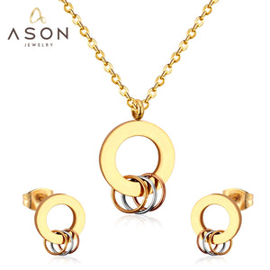 ASON Stainless Steel Jewelry Sets Gold Color Hollow Out Round Pendant Necklace Earring for Women Party Collier Fashion