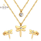 ASON Top 316L Stainless Steel Dragonfly Necklace Pendant Bridal Wedding Jewelry Set for Women 2019 Small Stud Earring Sets