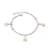 ASON Pulsera con colgante de flor pequeña, brazalete de cadena doble de acero inoxidable con bola de acero para mujer, regalo de joyería de moda 