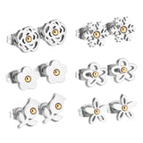 ASON 6pairs/Box Flower with Ball Classic Piercing Stud Earrings Set Stainless Steel Silver Color Fashion Jewelry for Women