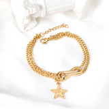 ASON Pulsera de doble cadena de color dorado de acero inoxidable 316L con amuleto de estrella, joyería de moda de 17 + 3cm, accesorios de joyería para regalo 