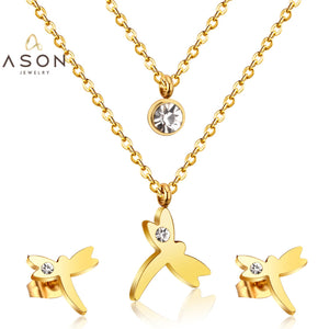 ASON Fashion 316L Stainless Steel Gold Bridal Wedding Jewelry Set for Women Dragonfly Necklace Pendant Small Stud Earring