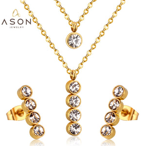 ASON 316L Stainless Steel Round AAA+ CZ Gold Bridal Wedding Jewelry Set for Women 2019 Necklace Pendant Small Stud Earring