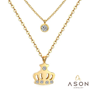 ASON  Necklaces Stainless Steel Round Cubic Zirconia Pendant Necklaces Gold Color Double Chainlaces Party Gift Chokers