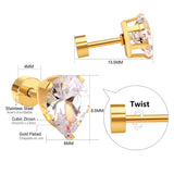 ASON 6mm Water Drop Cubic Zirconia Screw Piercing Stud Earring for Women Gold Color Stainless Steel Earring Fashion Jewelry