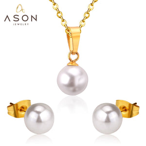 ASON 316L Stainless Steel Bridal Wedding Gold Imitation Pearl Jewelry Sets for Women Necklace Pendant Small Stud Earrings