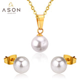 ASON – ensemble de bijoux de mariée en acier inoxydable 316L, Imitation de perles dorées, collier, pendentif, petites boucles d'oreilles