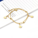 ASON Little Flower Pendant Bracelet Stainless Steel Double Chain Bangle with Steel Ball for Women Fashion Jewelry Gift