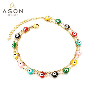 ASON Boho – boule de couleur mixte yeux de chat, accessoires chaînes multicouches, bracelet de cheville couleur or en acier inoxydable pour femmes, bijoux cadeau