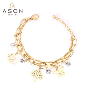 ASON Unique Extender Link Chain Bracelets Stainless Steel Gold Color Tree With Round Cubic Zirconia Adjustable Bracelets