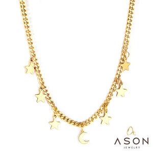 ASON Stainless Steel Cuban Link Star and Moon Pendant Necklace Gold Color Choker for Women Elegant Jewelry Party Gift