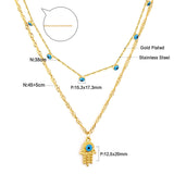 New Hamsa Hand Pendant Necklace For Women Girls Stainless Steel Blue Evil Eyes Double Layer Chain Turkish Luck Jewelry