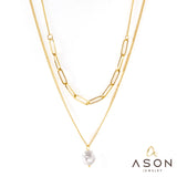 ASON-collar de cadena doble de acero inoxidable para mujer, collar con colgante de perlas, Color dorado, regalo de fiesta, joyería 