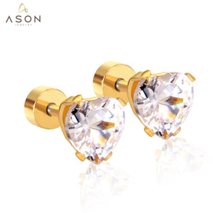 ASON Stainless Steel Cubic Zirconia Heart Shape Stud Earrings Anti-Allergy Women Fashion Accessories Party