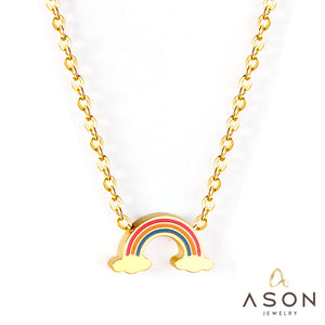 ASON Rainbow Charm Pendant Chain Necklace Gold Color Stainless Steel Necklace for Women Girl Lovely Gift Jewelry Chokers