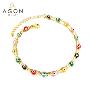 ASON Trendy Cat Eyes Mixed Color Accessories Multi-layer Chains Anklets Gold Color Stainless Steel For Women Jewelry Party