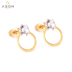 ASON Wedding Jewelry Round Cubic Zirconia Anti-allergy Stud Earring Stainless Steel Round Earrings Female Accessories Party