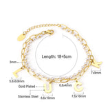 ASON Gold Color Luck Pendant Bracelet Stainless Steel Double Layer Imitation Pearl Bangle for Women Fashion Jewelry Gift