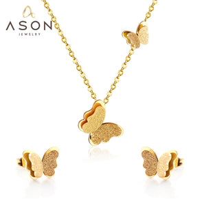 ASON – ensemble collier et boucles d'oreilles élégants avec pendentif papillon givré, ensemble de bijoux en acier inoxydable pour femmes, usage quotidien 