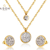 ASON Double Round Rolo Cuban Link Chains Jewelry Sets Stainless Steel Cubic Zirconia Pendant Necklace Earring Bijoux Party