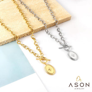 ASON Trendy Oval Lucky Star OT Clasp Charm Pendant Necklace Gold Color Stainless Steel For Women Jewelry Chokers Party Gift