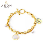 ASON, colgante de concha de moda, pulsera con dije de perla, brazalete multicapa de acero inoxidable para mujer, regalo de joyería de moda de 18cm 