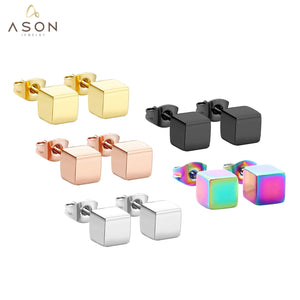 ASON Trendy Square Earrings Smooth Cube Piercing Stud Earring Stainless Steel for Women Girl Geometric Jewelry Accessories