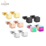 ASON Trendy Square Earrings Smooth Cube Piercing Stud Earring Stainless Steel for Women Girl Geometric Jewelry Accessories