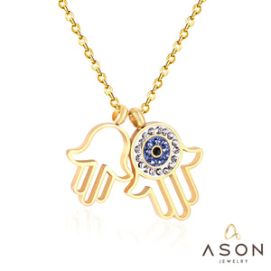 ASON Gold Necklaces Double Hand Pendant with Crystal Stainless Steel Pendants Link Chains Necklace Women/Men Party Daily