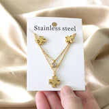 Flower Pendant Chain Crystal Gold Stainless Steel Double Necklace Stud Earrings Sets For Women  African Jewelry Set