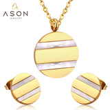 ASON Gold Color Stainless Steel Round Shell Pendants Wedding Jewelry Sets for Women Necklace Small Stud Earring Sets