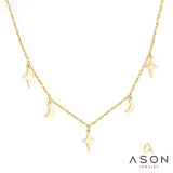 ASON Moon and Star Pendant Necklaces Gold Color Stainless Steel Chain for Women Girls Fashion Jewelry Accessories Gift