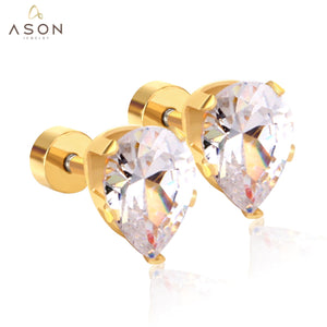 ASON 6mm Water Drop Cubic Zirconia Screw Piercing Stud Earring for Women Gold Color Stainless Steel Earring Fashion Jewelry