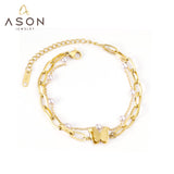 ASON Gold Color Butterfly Charm Imitation Pearl Chain Bracelet Stainless Steel Bangle for Women Fashion Jewelry Party Gift