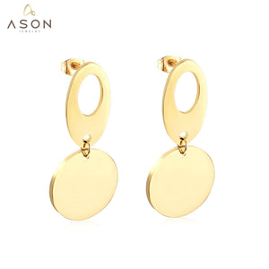 ASON Classic Gold Color Round Pendant Drop Earring Stainless Steel Dangle Earring for Women Gift Accessories Jewelry